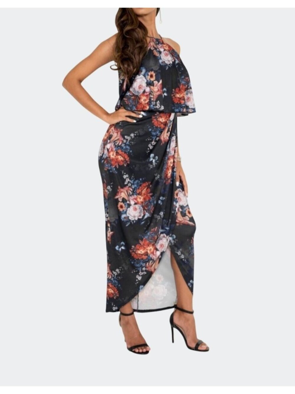 Koh Koh Womens Floral High Neck Maxi Dress Sleeveless Dark Blue Multi-Color 2XL